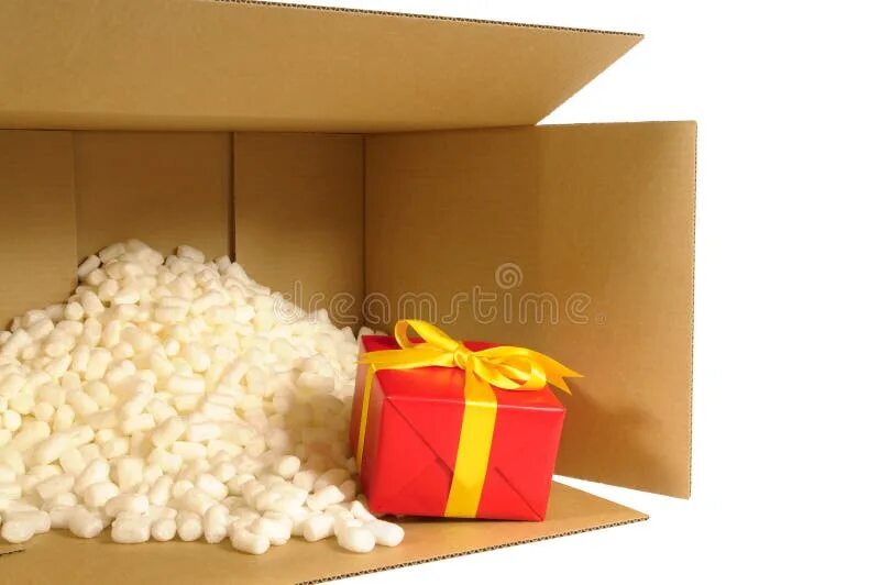 Подарок внутри фото Cardboard Shipping Box, Smallred Gift Inside, Polystyrene Packing Nuts Stock Ima