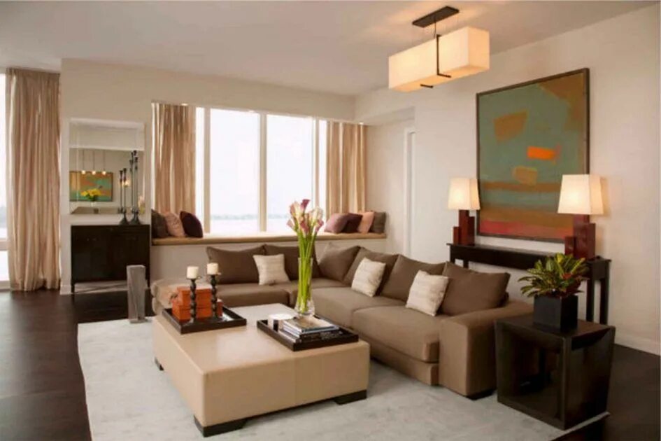 Подбор интерьера гостиной Small Living Room, L Shaped Beige Fabric Low Sofa With White Creamy Small Square
