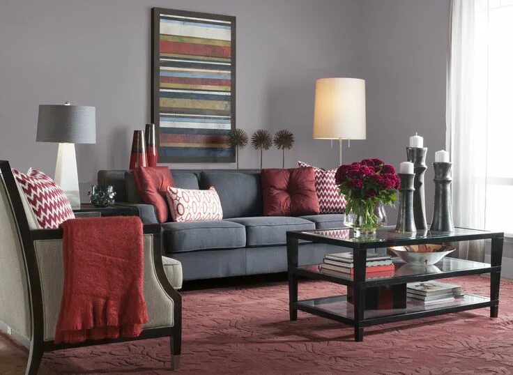 Подбор цветов в интерьере вишневый Medium gray living room Living room wall color, Room wall colors, Purple living 