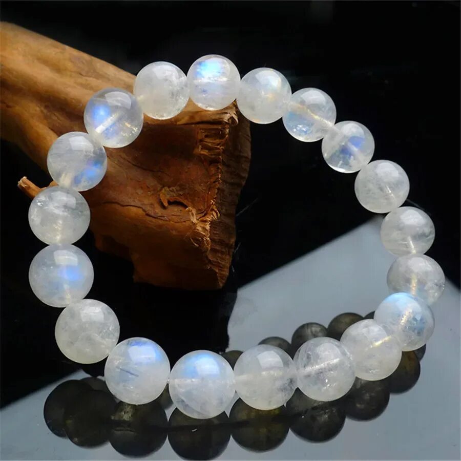 Подделка лунного камня как выглядит 10mm Genuine Natural Moonstone Bracelets For Women Lady Transparent Blue Lights 