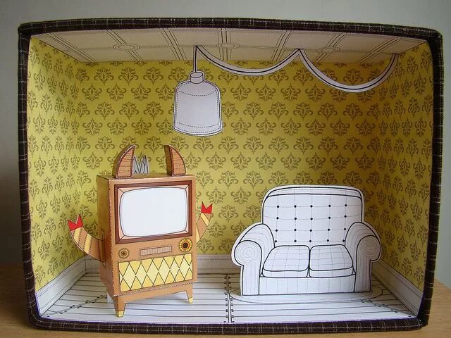 Поделка интерьер комнаты DOMESTIC REVOLUTION Cardboard art, Shoe box diorama, Paper cutout art