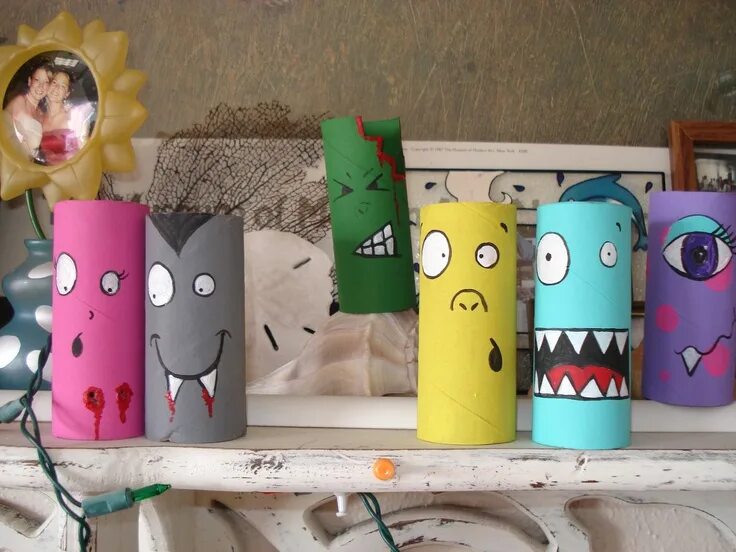 Поделка из втулки фото SALE Recycled Cardboard Tube Colorful Cute Painted Monsters Diy classroom art, C