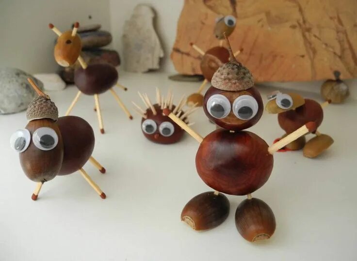 Поделка из желудей в садик фото DYI Kastanien basteln Herbst, Eicheln, Schaf, Giraffe, Igel, Kobold, Tiere, Männ
