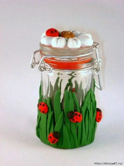 Поделки банк фото Blume mit Marienkäfer Potes decorados, Faça e venda artesanato, Garrafas decorad