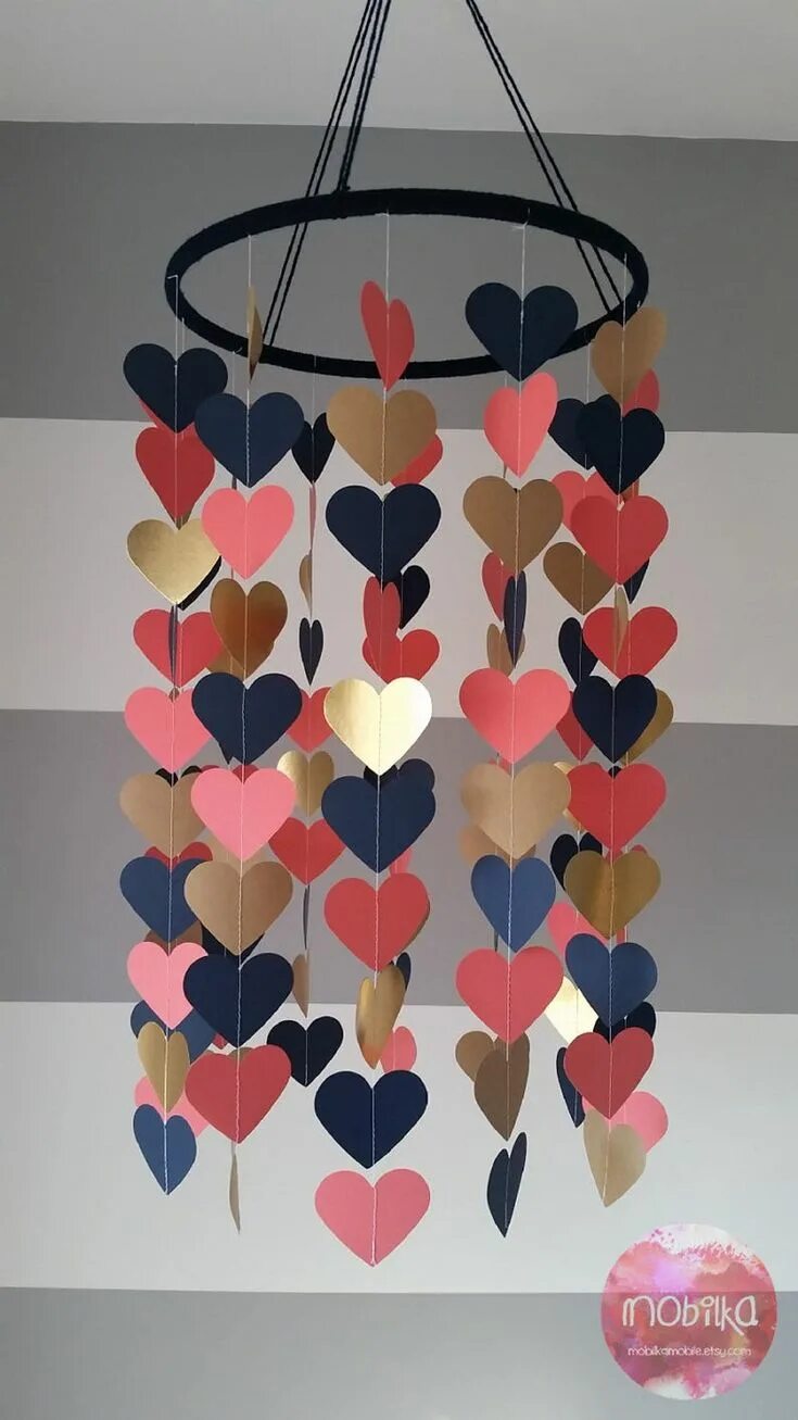Поделки для декора комнаты своими руками Heart Shape Paper Mobile. Navy, Coral and Gold. Baby Room Decoration. Wedding De