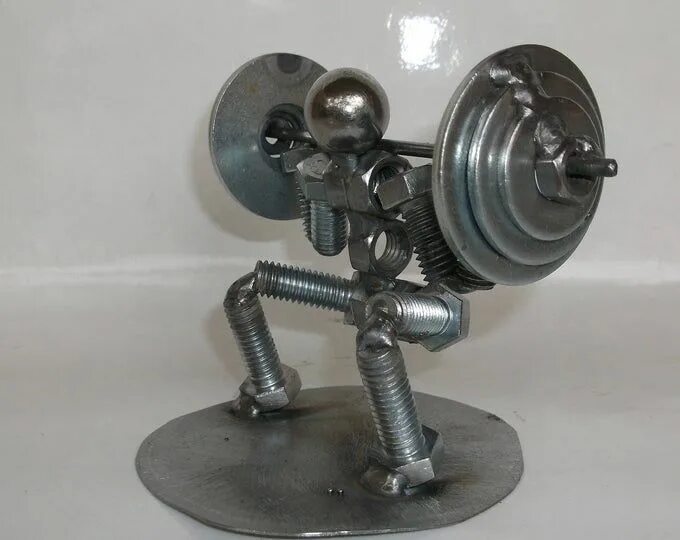 Поделки из болтов и гаек фото Bench Press Weight Lifter, Miniature Metal Bolt Figurine, Athlete Exercise Perso