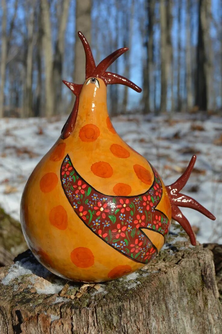 Поделки из бутылочной тыквы своими руками фото Folk Art Gourd Rooster by Devon Cameron Cabaças pintadas, Artesanato com cabaças
