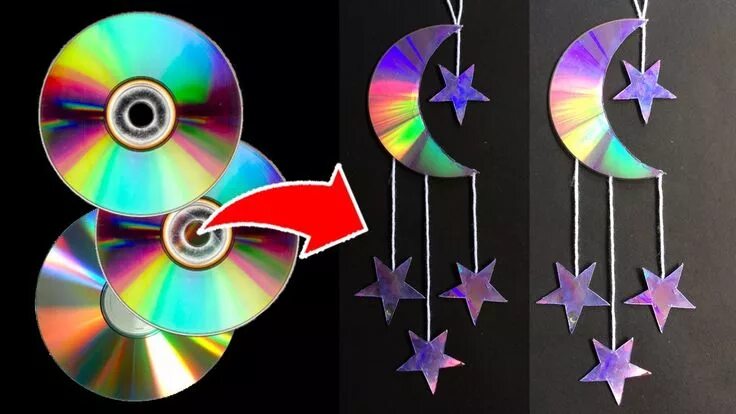Поделки из дисков своими руками фото DIY Waste CD Crafts MOON and STAR Waste CD C D Wall Hanging Easy P... Old cd cra