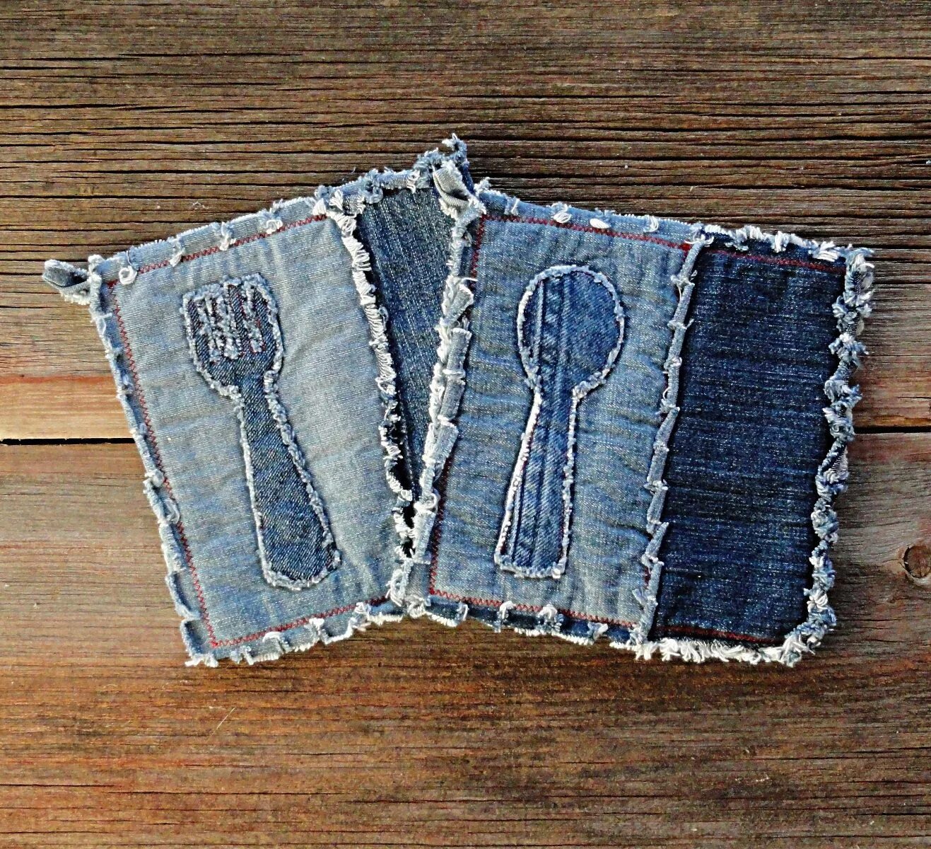 Поделки из джинса фото Denim Potholder Upcycled Denim Hot Pad Rustic Farmhouse Kitchen Decor Eco Friend