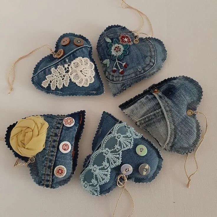 Поделки из джинса своими руками фото Set vintage denim speldenkussen harten decor kerstboom Etsy Nederland Denim craf