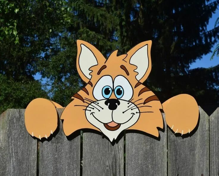 Поделки из фанеры для сада фото Cat Fence Peeker Cat Fence Decoration Outdoor Yard Art Cat Etsy Fence art, Yard 