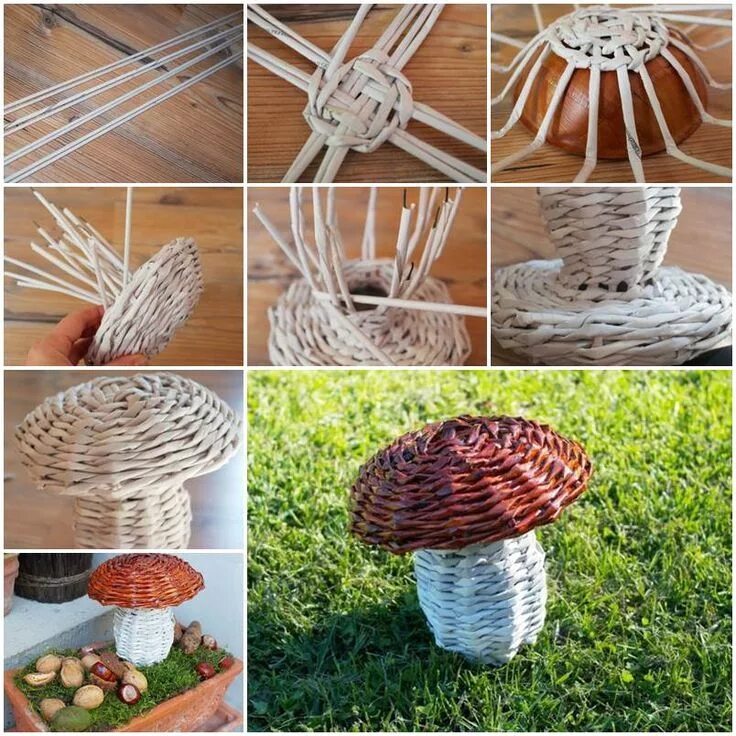 Поделки из газетных трубочек фото DIY Woven Paper Mushroom iCreativeIdeas.com Paper weaving, Newspaper crafts, Mag