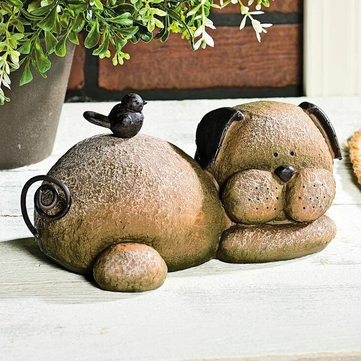 Поделки из камня для сада фото Resting Dog Stone Pebble art, Stone garden statues, Rock sculpture
