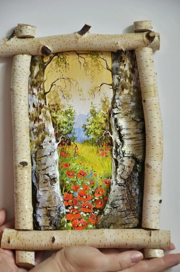 Поделки из коры дерева своими руками фото Береста, оргалит, акрил. Wood yard art, Painting on wood, Painting