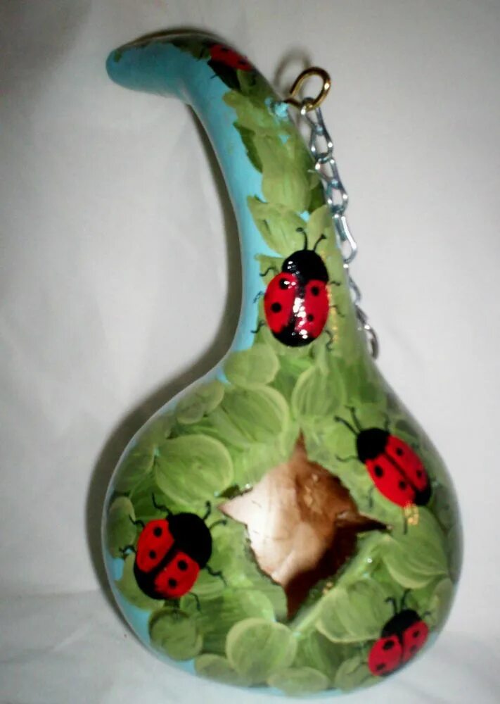 Поделки из лагенарии фото Ladybugs, Leaves, Unique Entry Hole Painted Gourd birdhouse Garden Yard/ Art Pai