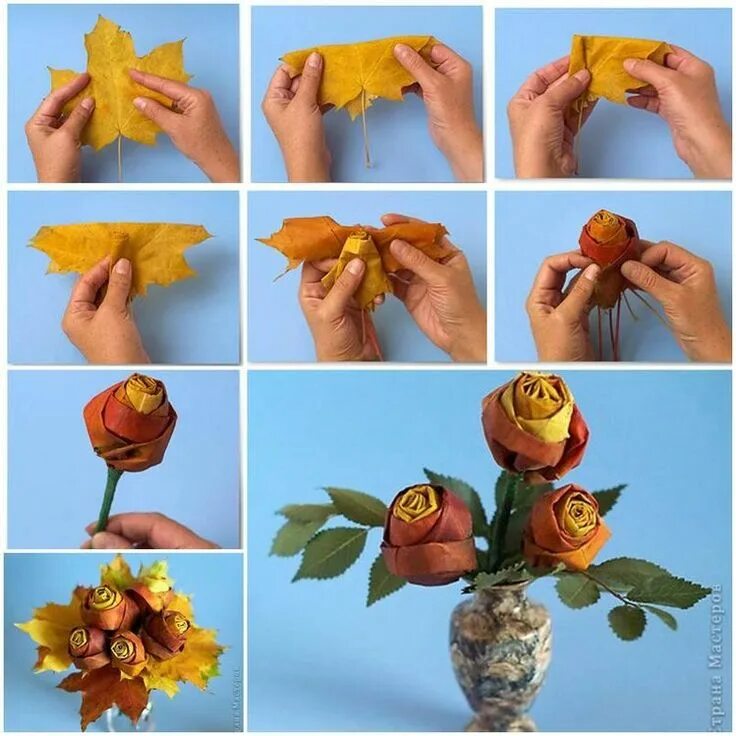 Поделки из листьев своими руками фото Róże z liści - dekoracje Créations d'automne, Fleurs automne, Bricolage automne