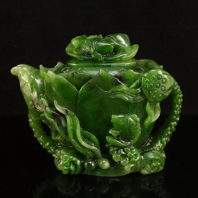 Поделки из нефрита фото Superb Chinese Green Hetian Jade Teapot w Lotus & Fish Tea pots, Jade carving, T