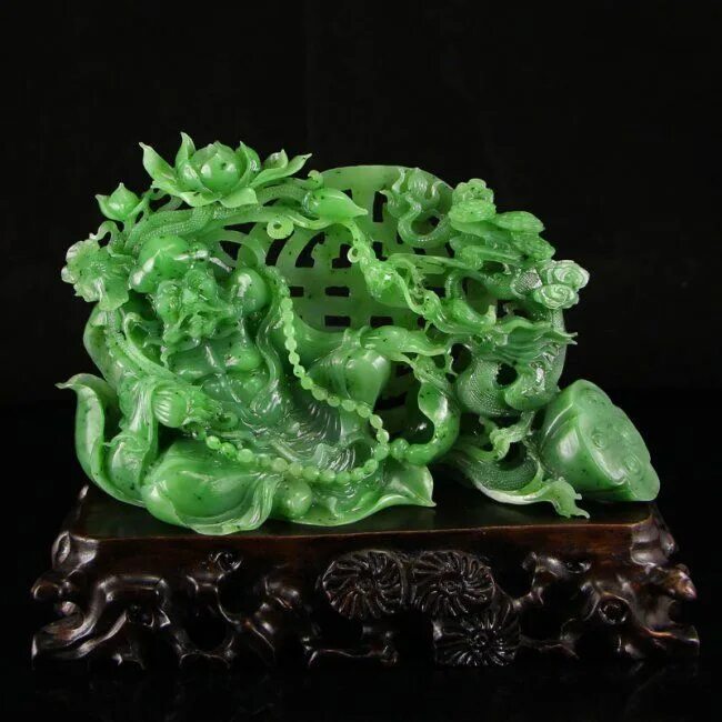 Поделки из нефрита фото Superb Chinese Hetian Jade Statue - Arhat & Dragon Jade carving, Hetian jade, St