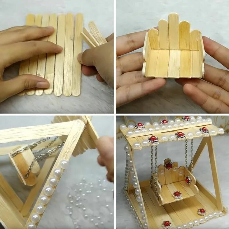 Поделки из палочек фото How to make a swing from ice cream sticks Diy popsicle stick crafts, Craft stick