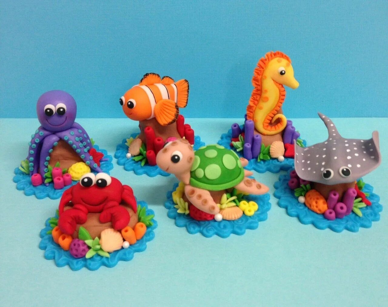 Поделки из пластилина 3 года фото Fondant Sea Animals Cupcake Toppers turtle, Sting Ray, Fish, Sea Horse, Octopus,