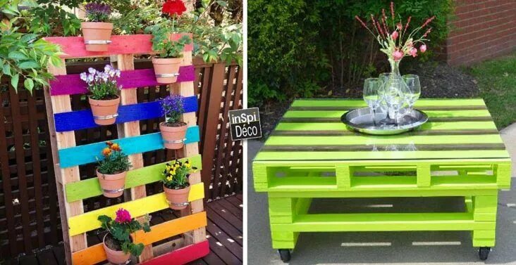 Поделки из поддонов для дачи своими руками palettes-couleurs-vives Garden crafts diy, Diy backyard, Summer decor
