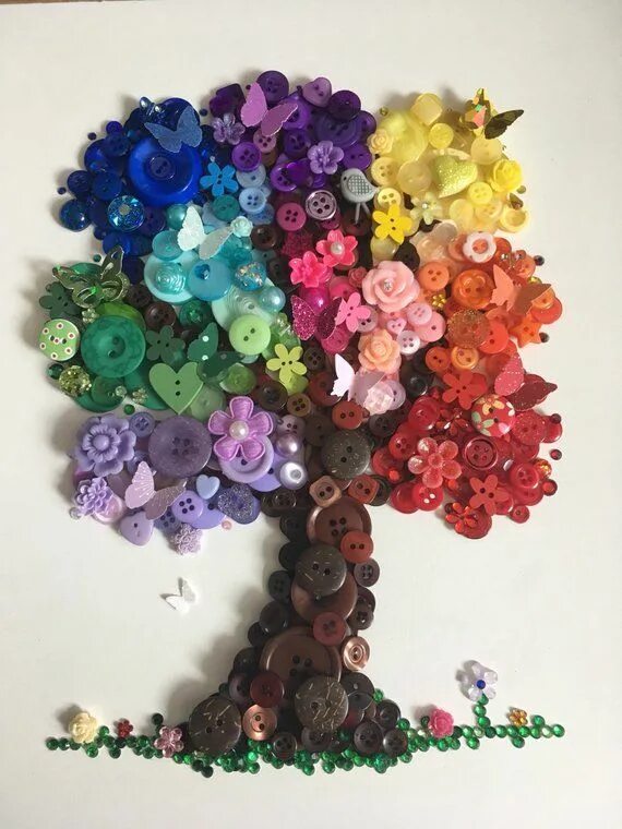 Поделки из пуговиц фото The Rainbow Tree, Button Art, Button Tree, Unique gift, Rainbow Theme Art, Colou