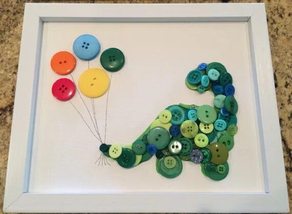 Поделки из пуговиц фото Framed Kids Button Art Dinosaur with Balloons on Canvas 8"x10" Button crafts, Bu
