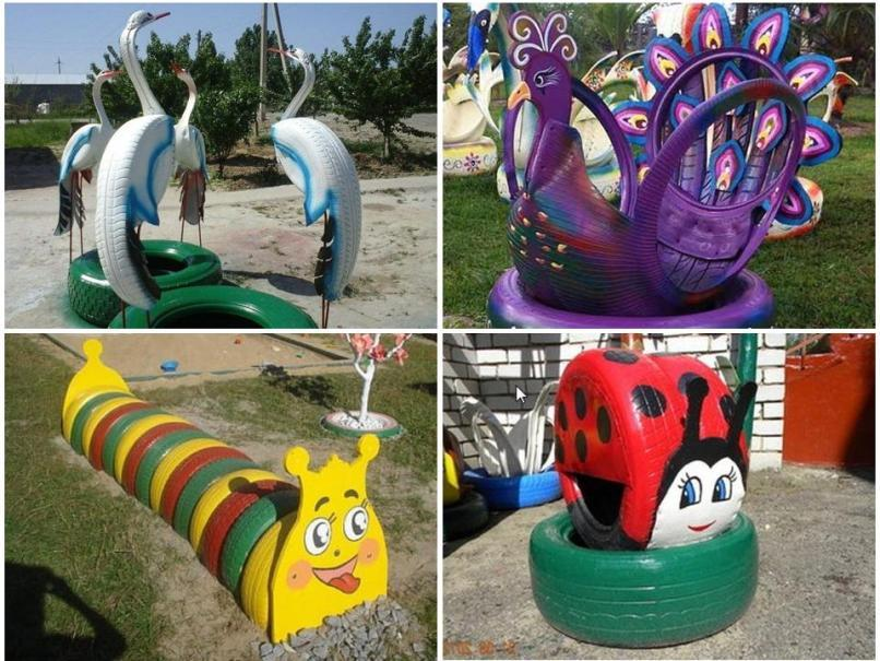 Поделки из шин для дачи фото Улитки и жар-птица