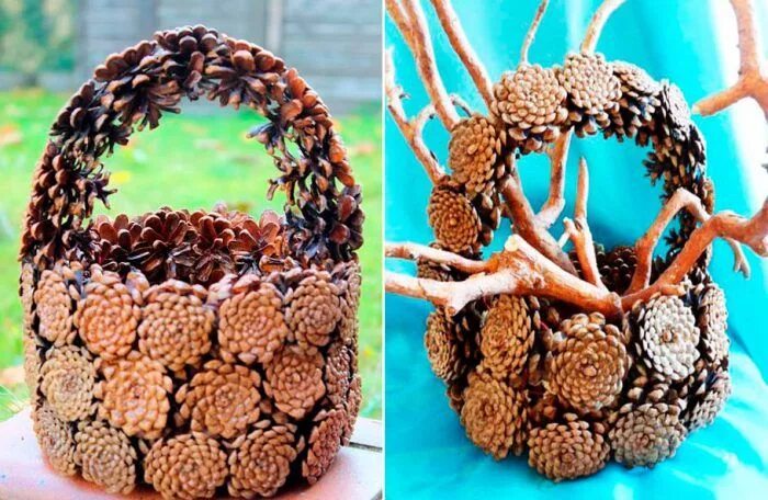 Поделки из шишек пошагово с фото Корзина из шишек