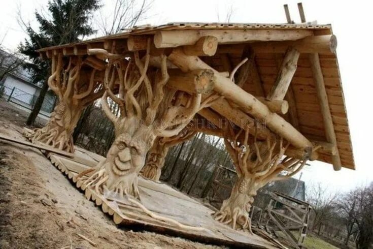 Поделки из стволов деревьев фото Image may contain: outdoor Timber frame construction, Timber frame joinery, Wood