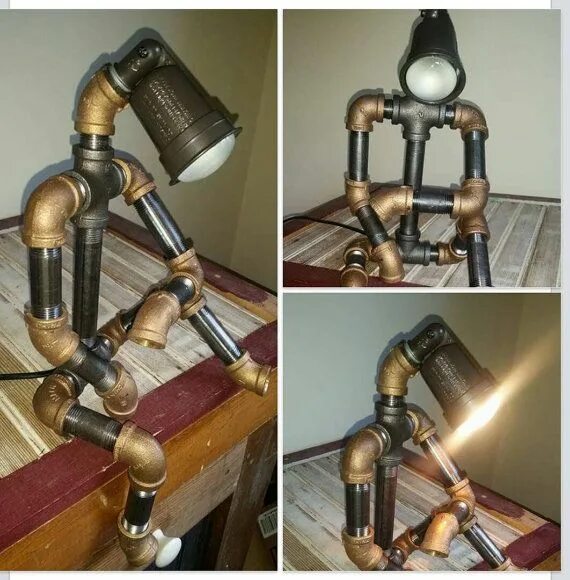 Поделки из труб своими руками фото Pipe Robot Lamp Black and Brass Pipe Light Father's Day GIFT Steampunk Desk Lamp
