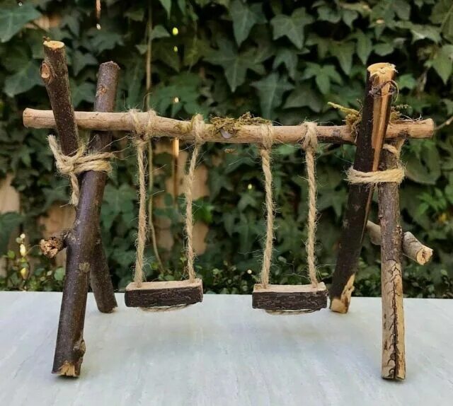 Поделки из веток и деревьев фото Fairy Garden Double Wooden Swing With Tags for sale online eBay