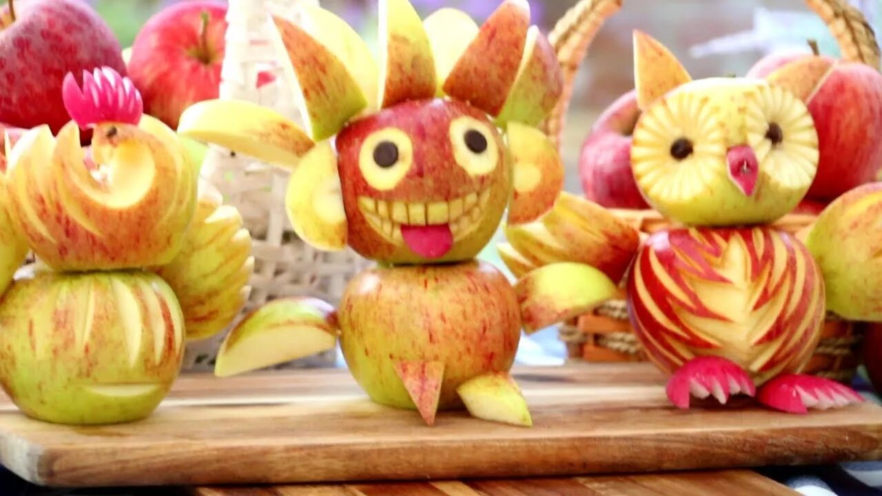 Поделки из яблок фото Apples Show Apple Owl Fun Fruit For Kids Apple Swan Garnish Fruit Carving - YouT