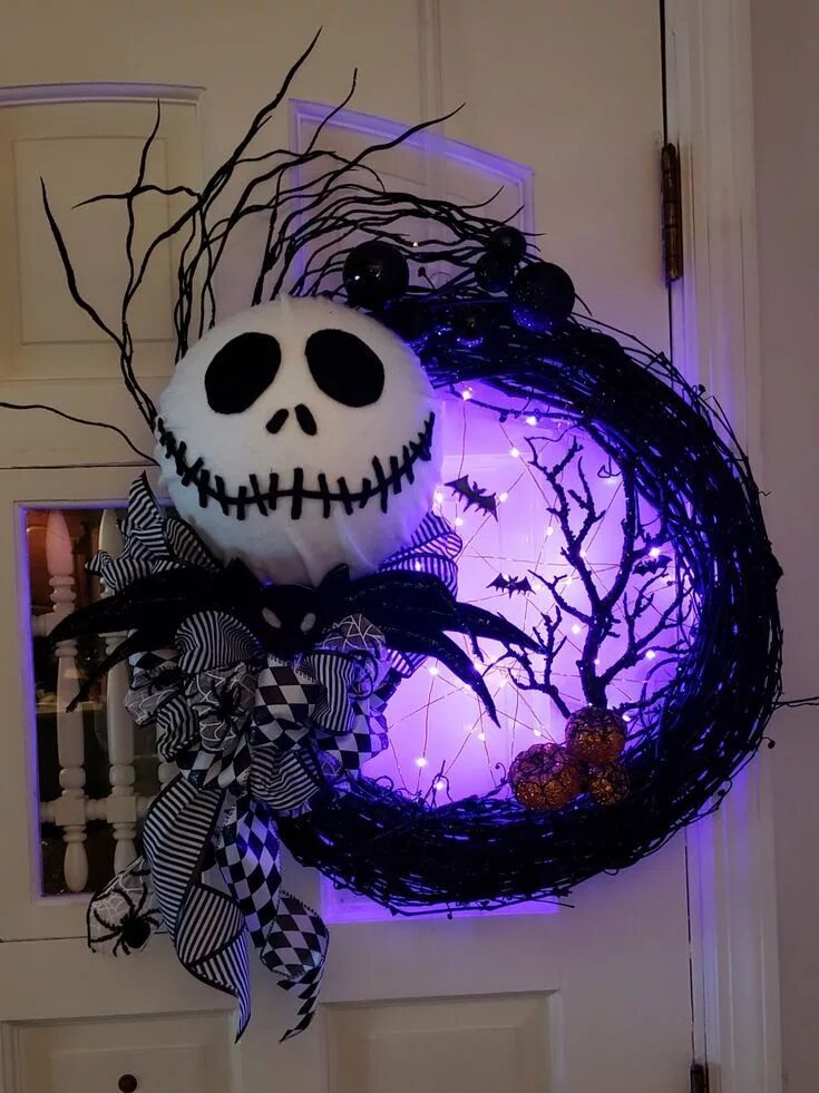 Поделки на хэллоуин фото Beleuchteter Jack Skellington Night Before Christmas Halloween-Kranz - Diy Dekor