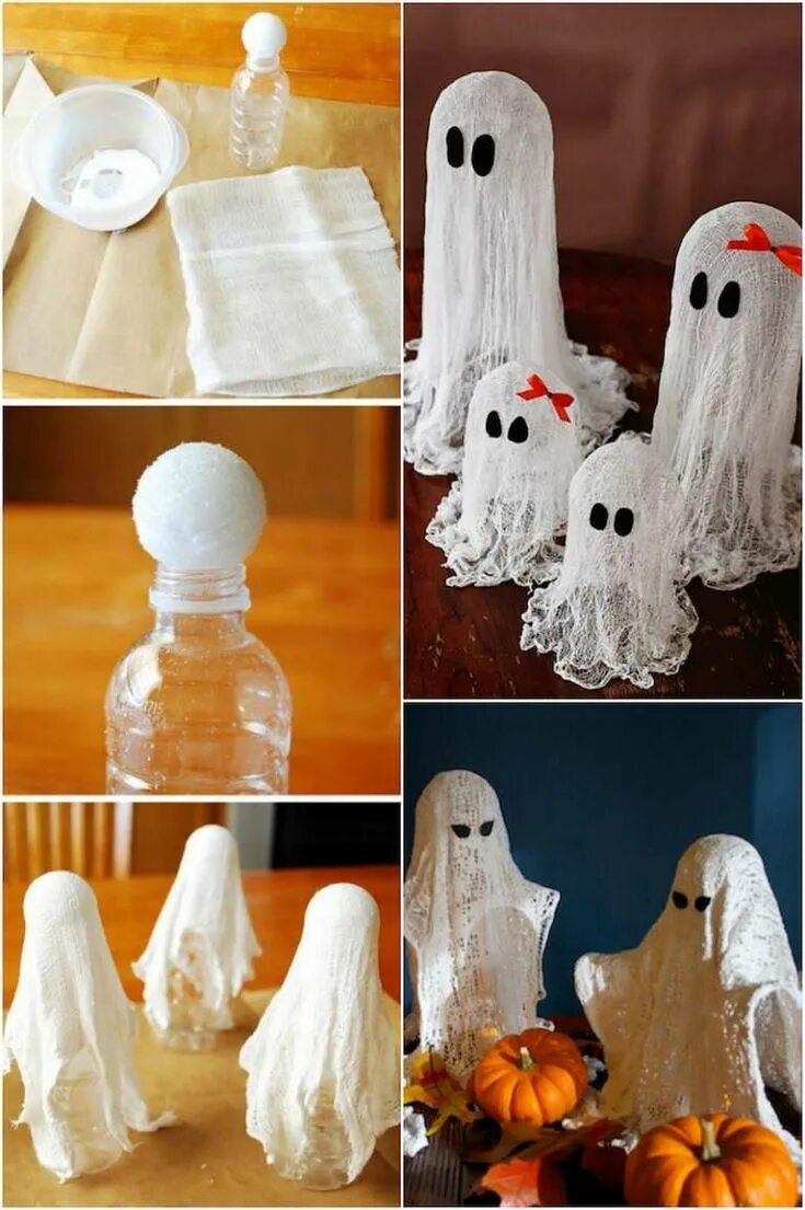 Поделки на хэллоуин фото idée de décoration pour Halloween à réaliser soi-même- fantômes en gaze et colle