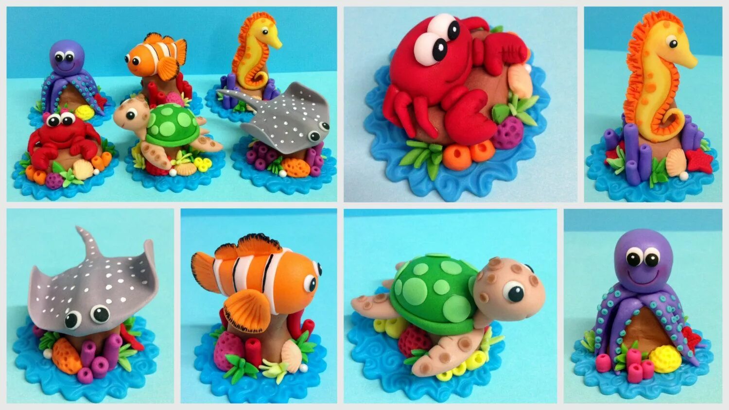 Поделки самоделки из пластилина Fondant Sea Animals Cupcake Toppers -Turtle, Sting Ray, Fish, Sea Horse, Octopus