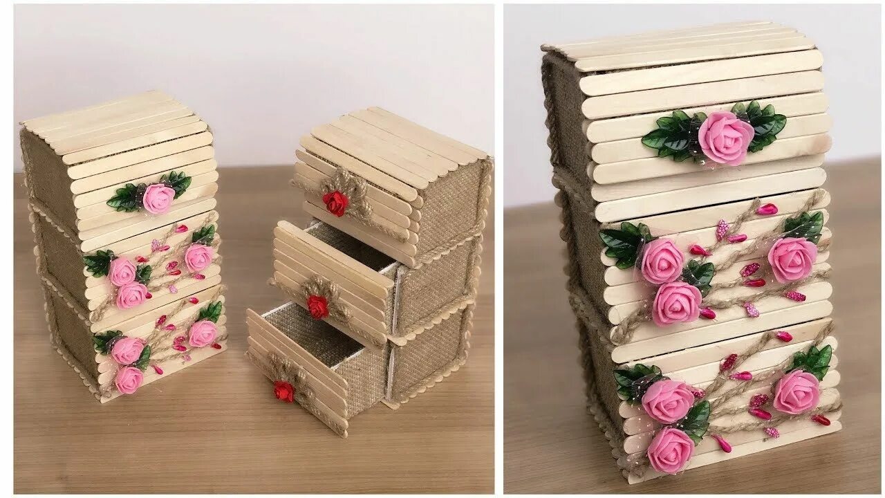 Поделки самоделки коробка Making Multi Storage Box From Wicker Rope and Popsicle Sticks Çekmeceli Kutu Yap