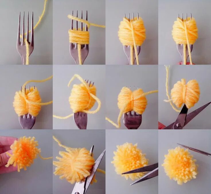 Поделки своими руками фото пошагово Pompón con tenedor Pom pom crafts, Crafts, Diy crafts