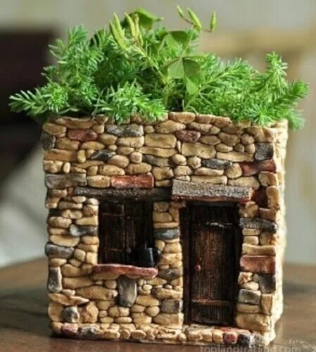 Поделки в домашних условиях фото Flower Pot Stone House for Succulent Tillandsia plant resin planter NEW 3¾" tall