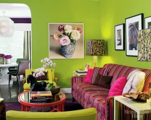 Подходящие цвета в интерьере LookBook Eclectic Living Room ELLE Decor Living room green, Lime green walls, Ec