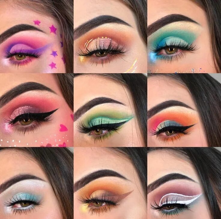 Подходящий макияж Bold Eye looks Colorful Eyeshadow Looks Blue Purple Green Orange Brown Pink Eyes