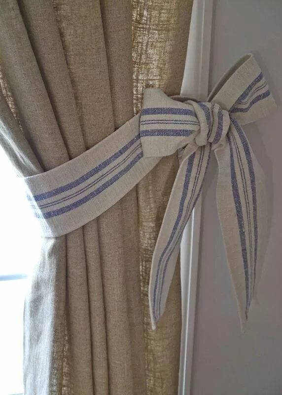 Подхват для штор своими руками фото gorgeous burlap drapes + blue striped ribbon. #FrenchCountryLivingRoom Curtain t