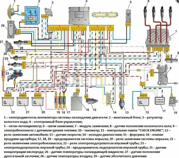 Подкапотная проводка ваз 2107 инжектор схема подключения Схема ВАЗ-2107 2 Схемы Ваза, Установка вазы, Автомобиль