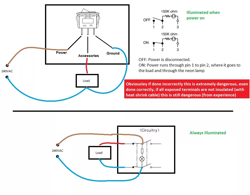 Подключение 1 2 3 8 Wiring radioshack SPST NEON ROCKER SWITCH - Page 1