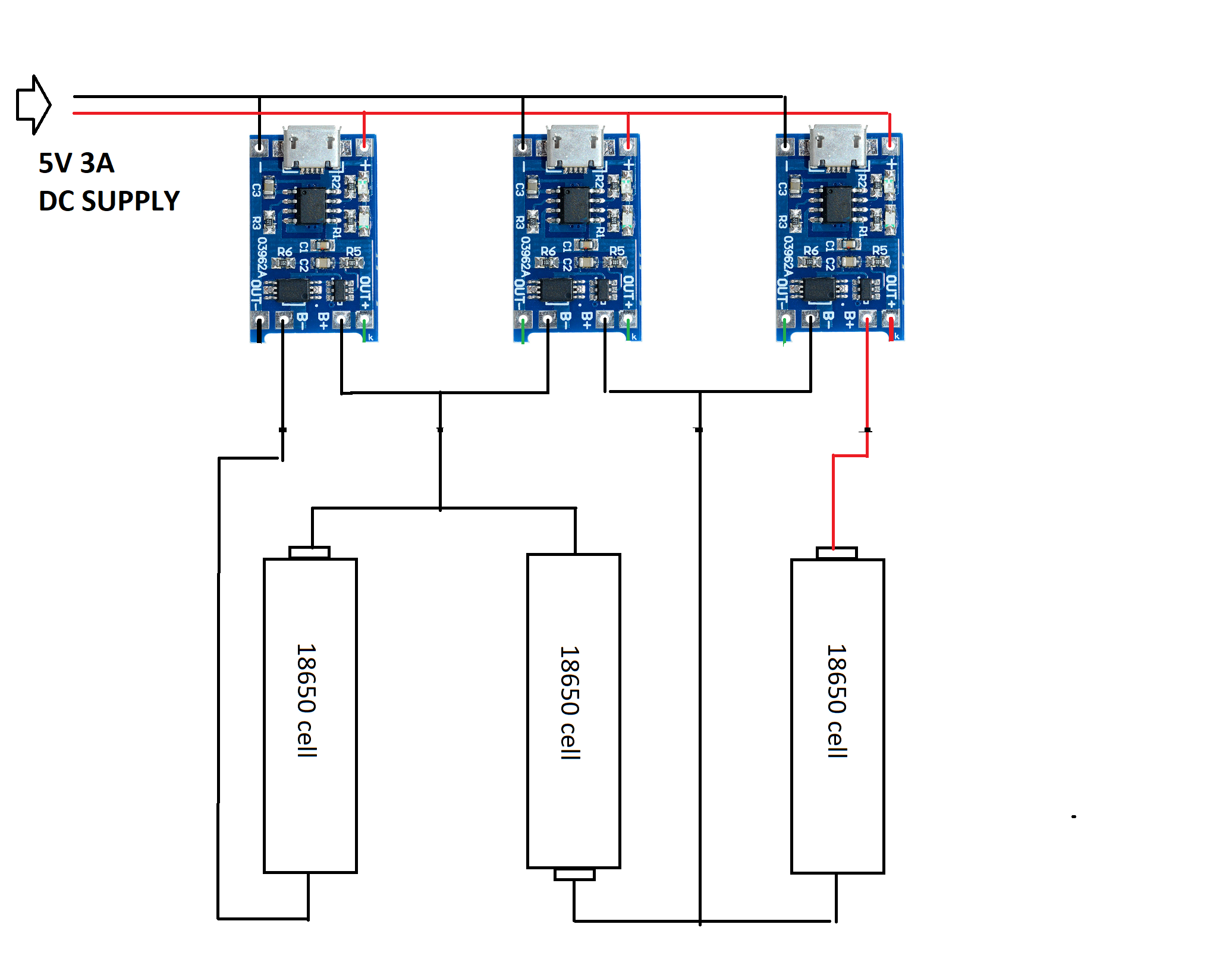 Подключение 1 2 3 8 series charging three 18650 batteries with three chargers off the same 5V supply