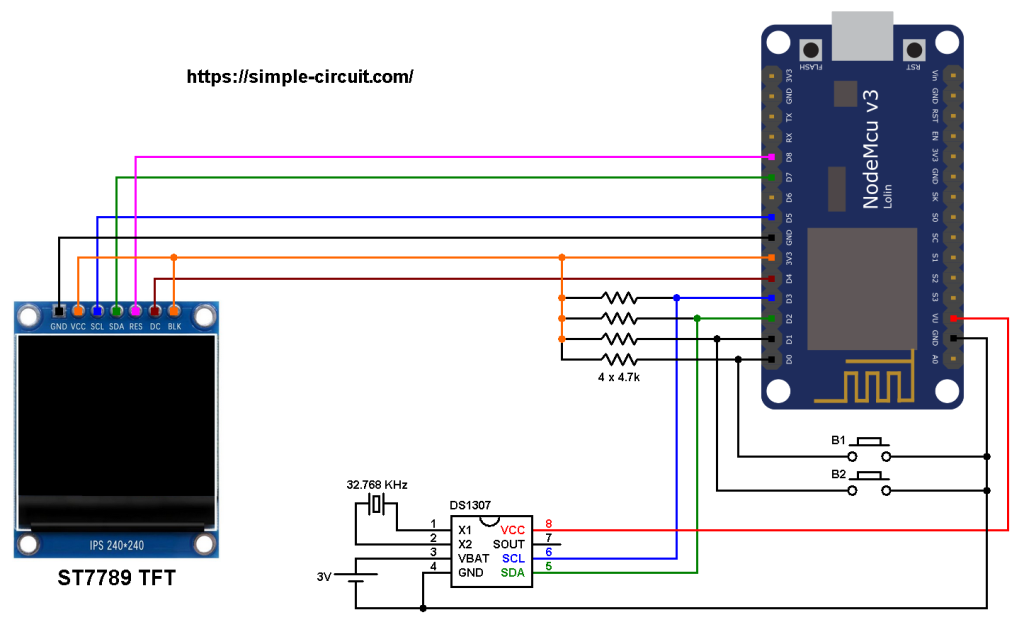 Подключение 1 8 дисплея к esp8266 e1 Real Time Clock with NodeMCU, ST7789 TFT and DS1307 RTC