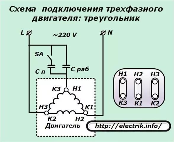 Подключение 1 фазного двигателя 220 Схема подключения трехфазного двигателя треугольник в 2020 г Электрический двига