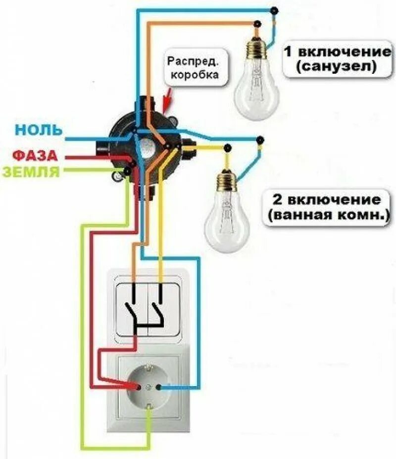 Подключение 1 клавишного выключателя через автомат Как подключить розетка выключатель две лампочки