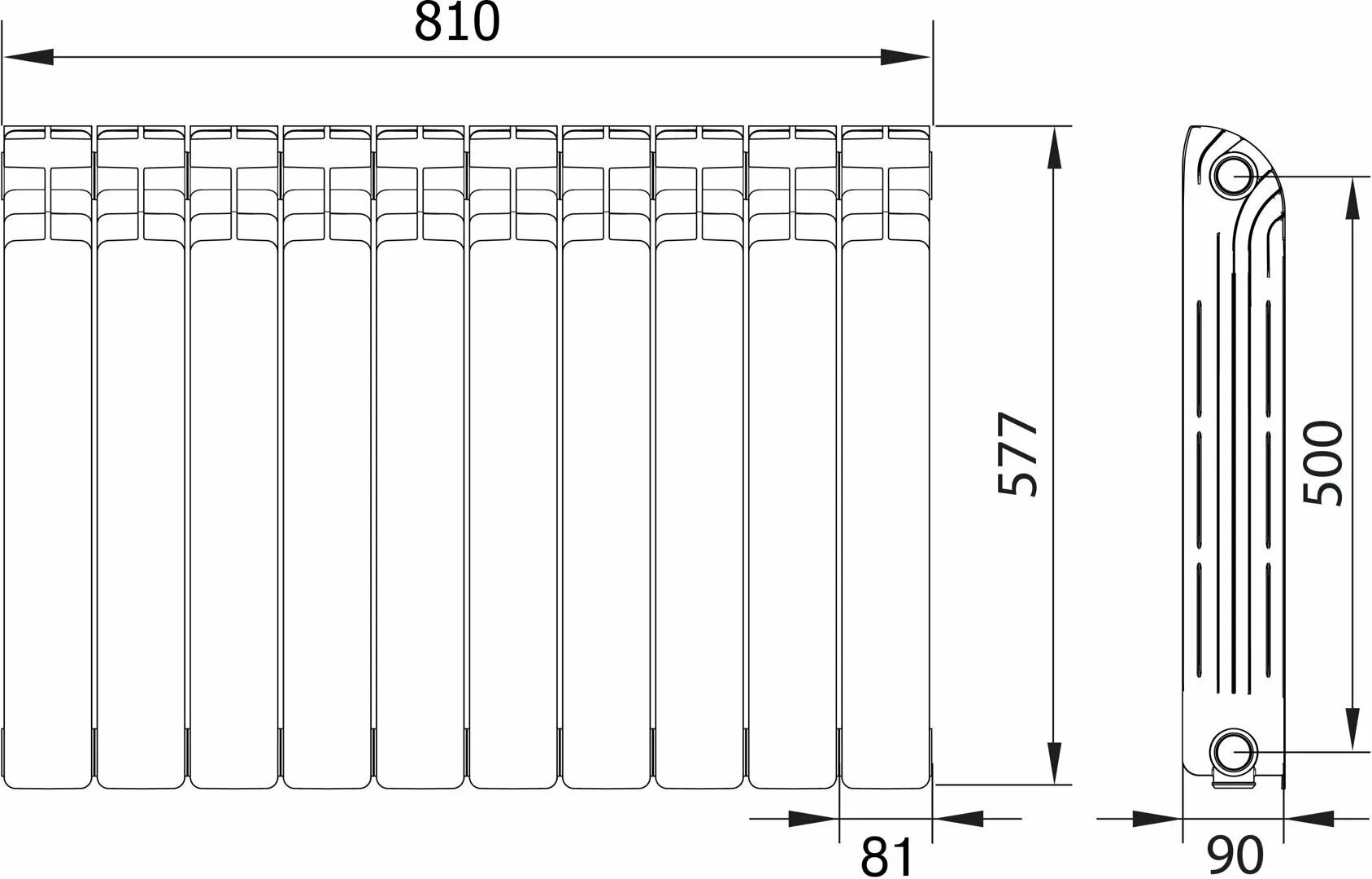 Подключение 10 секций Радиатор Equation 500/90 10 секций боковое подключение алюминий - купить в интер