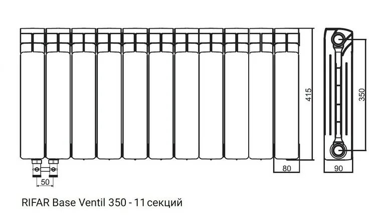 Подключение 10 секций Биметалический радиатор Rifar Base Ventil 350 (левый) 11 секций - купить в Москв